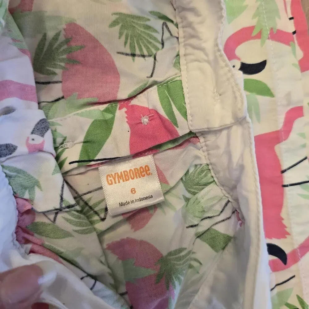 Gymboree Girls White Pink Green Flamingo Printed Blouse Shirt Top Size 6